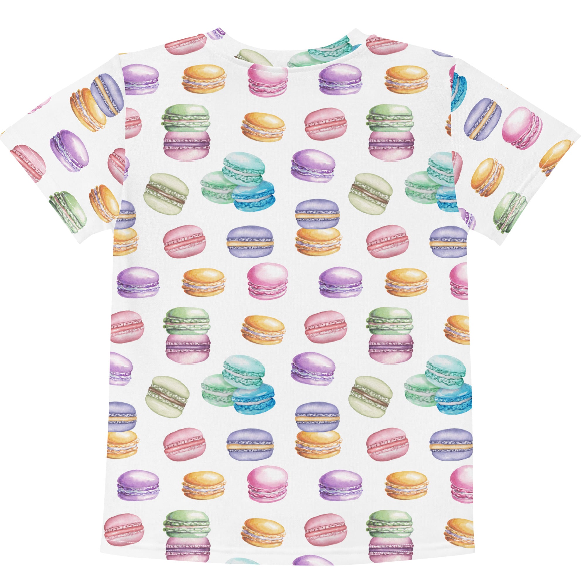 back side of kids shirt with watercolor macarons