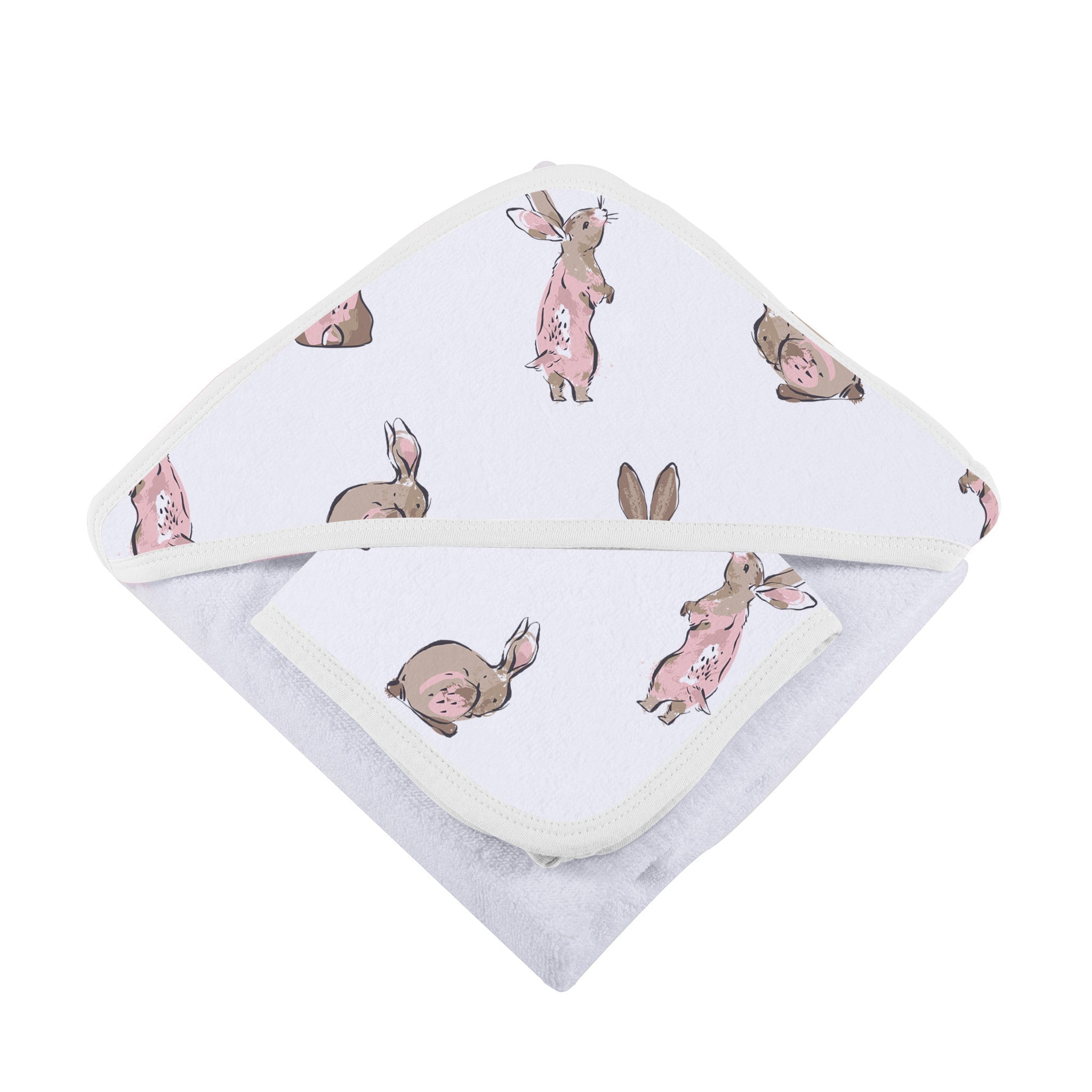Detail of a baby towel with bunnies and matching washcloth