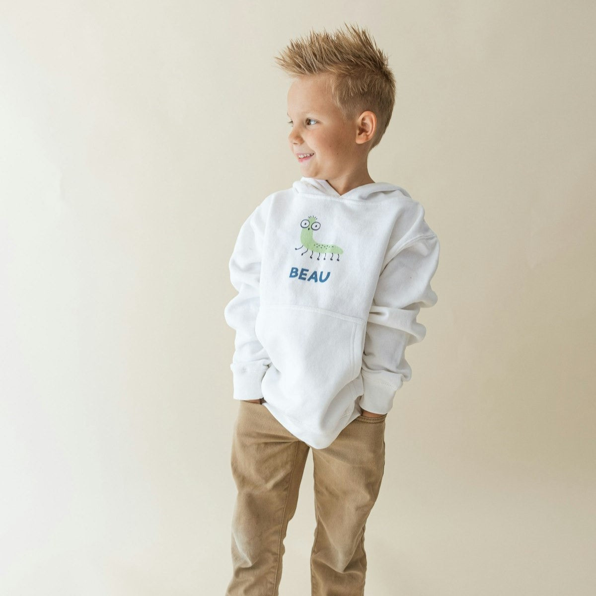 personalized kids hoodie with a cute garden caterpillar