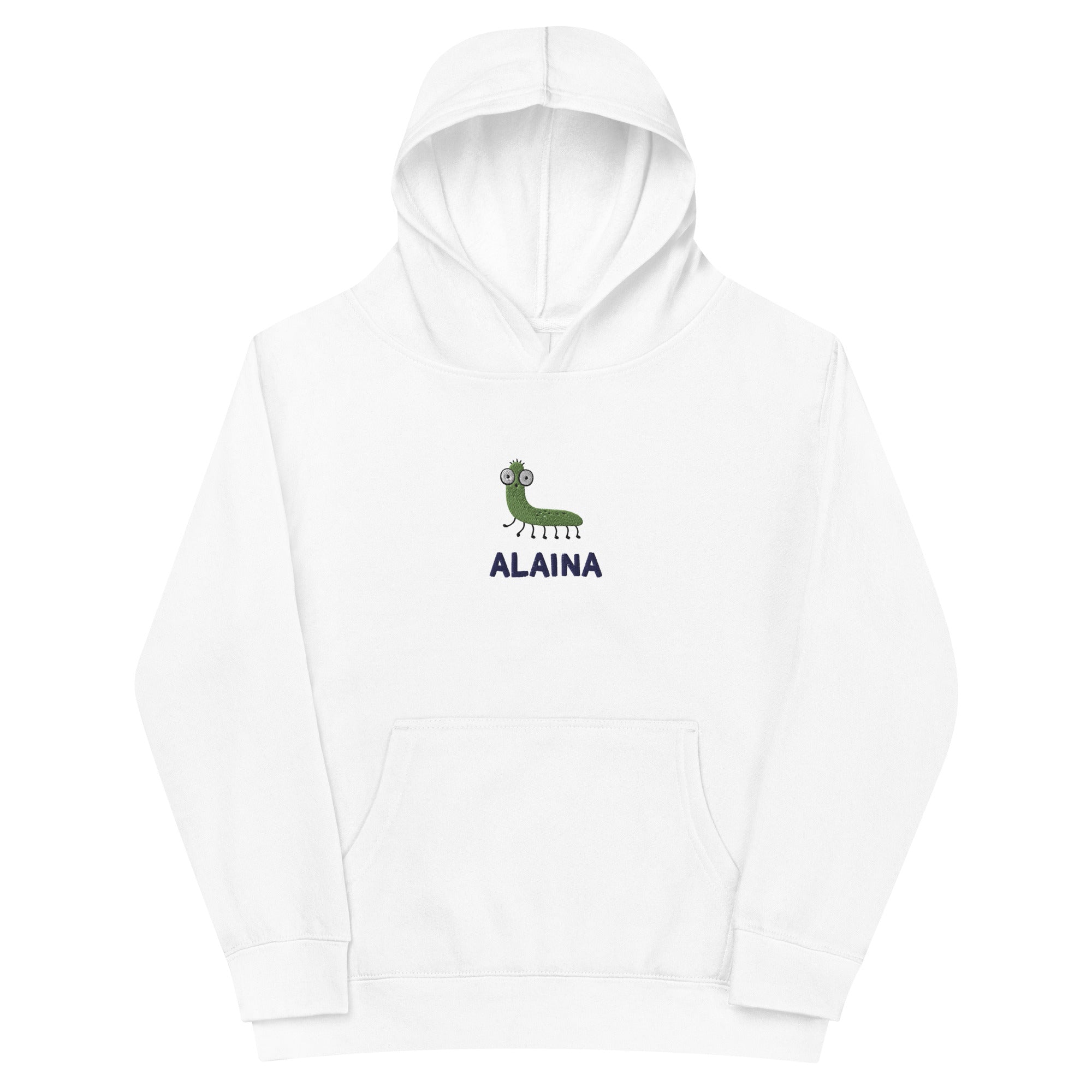 Personalized kids hoodie with their embroidered name name and a cute bug design