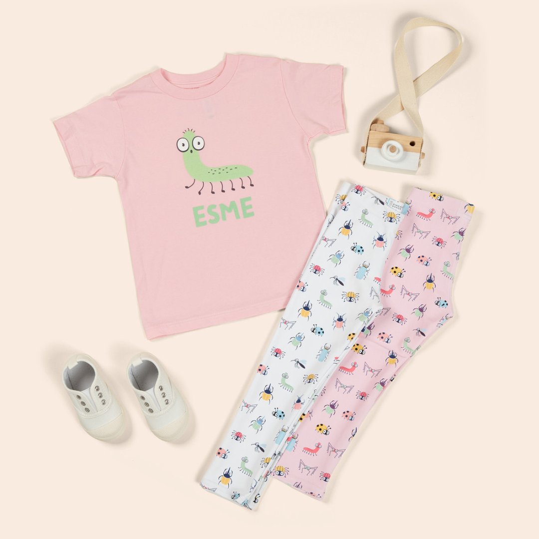 Kids leggings and personalized shirt with bugs pink and white
