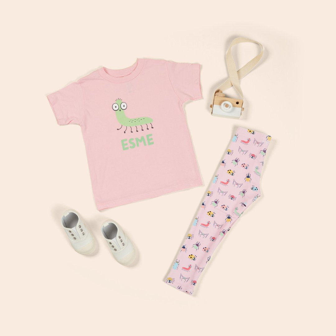Kids leggings and personalized shirt with bugs pink