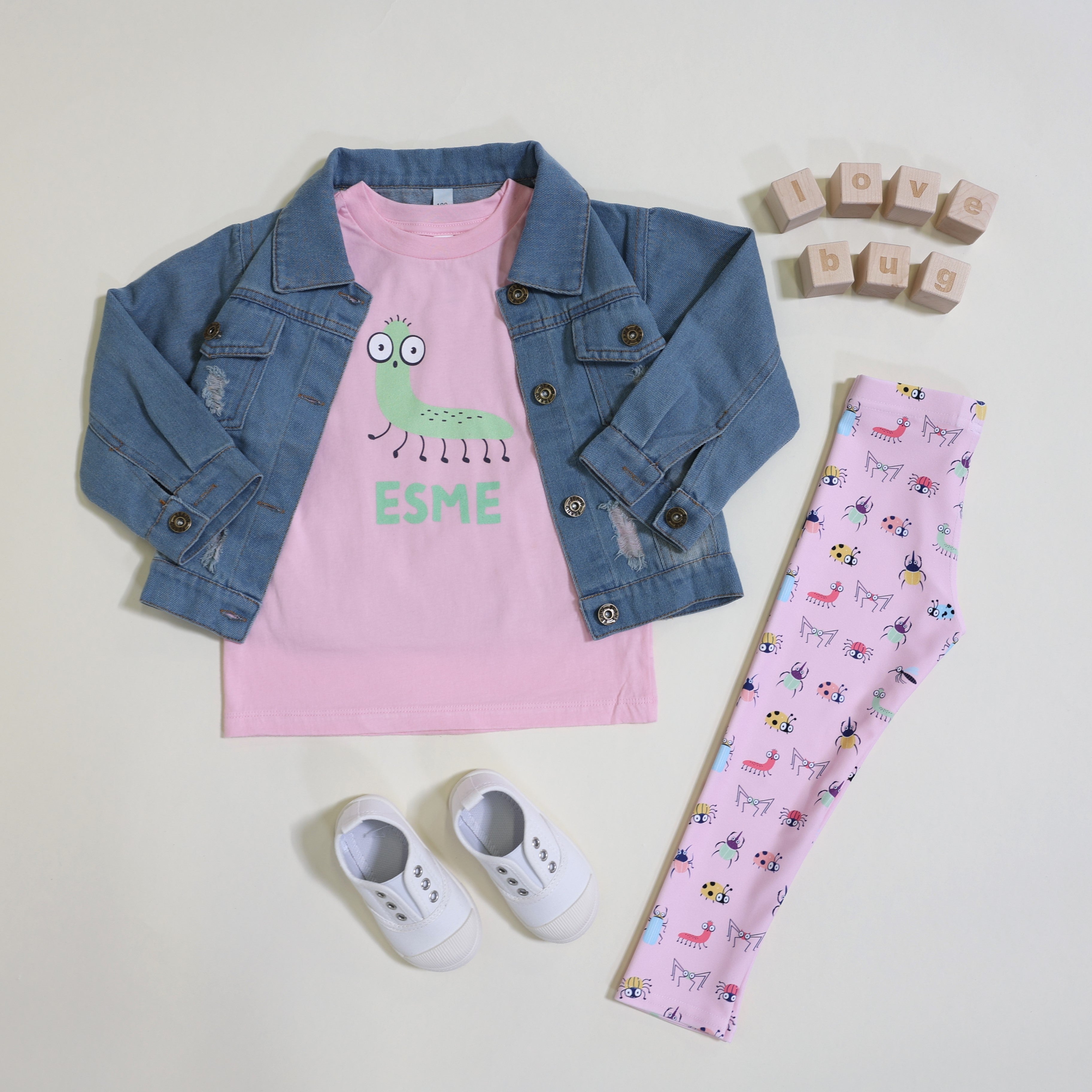 personalized kids pink tee and leggings set with cute crawlies design