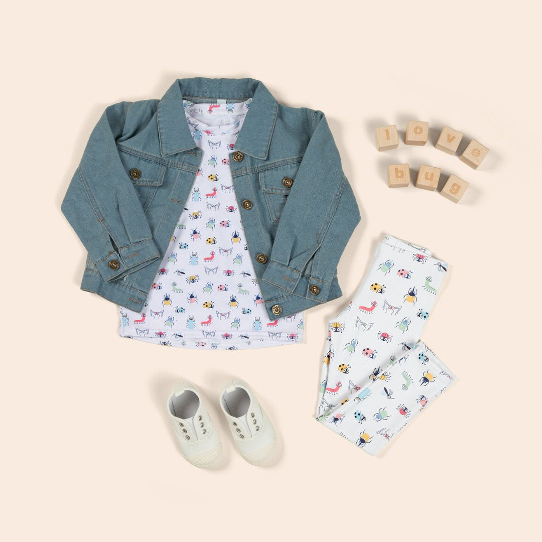 Kids leggings and shirt with bugs in white color