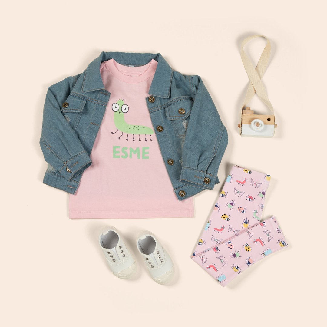 Kids leggings and all over print shirt with bugs pink
