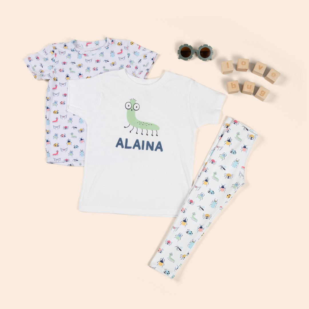 Kids leggings and personalized shirt with bugs white