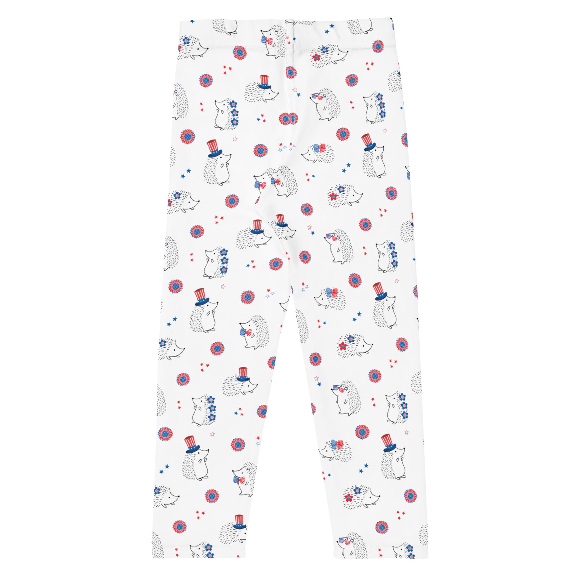back side of the cute kids leggings with us holidays theme and a cute hedgehog
