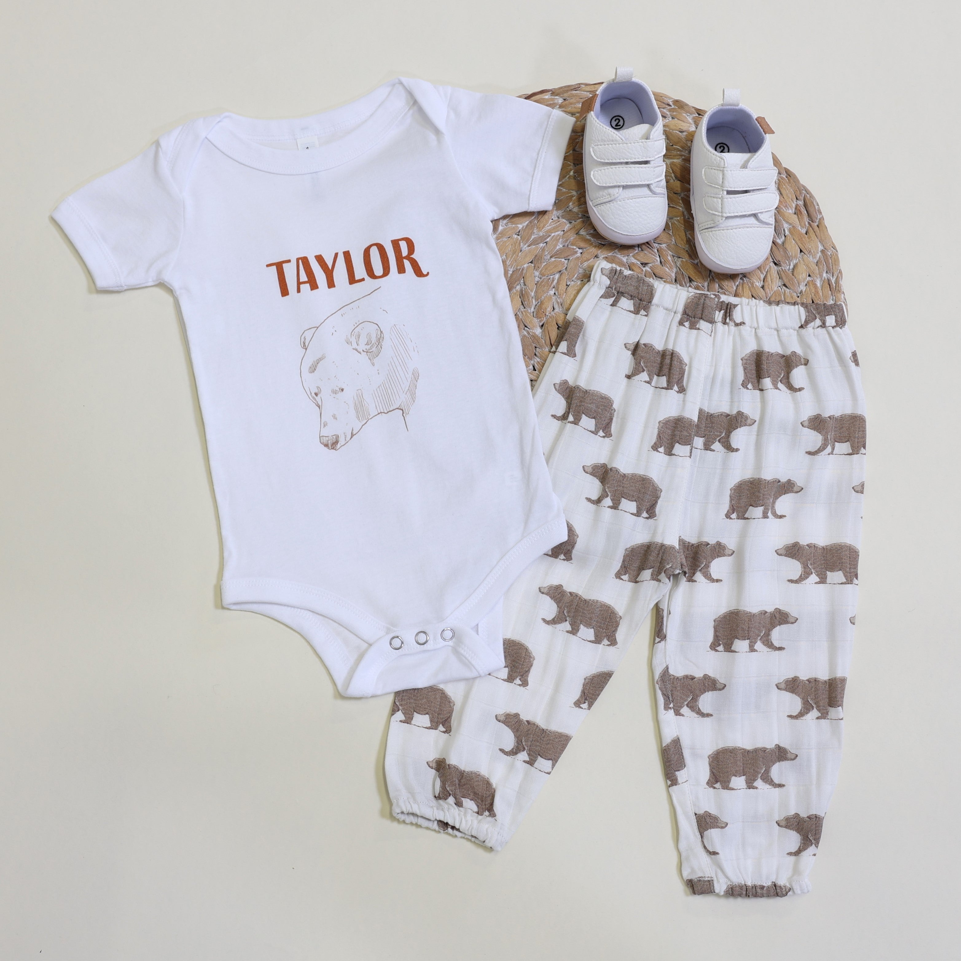 personalized baby onesie and matching pants with bear design
