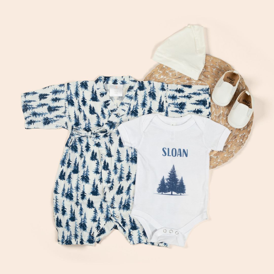 indigo forest collection with personalized onesie and jumpsuit