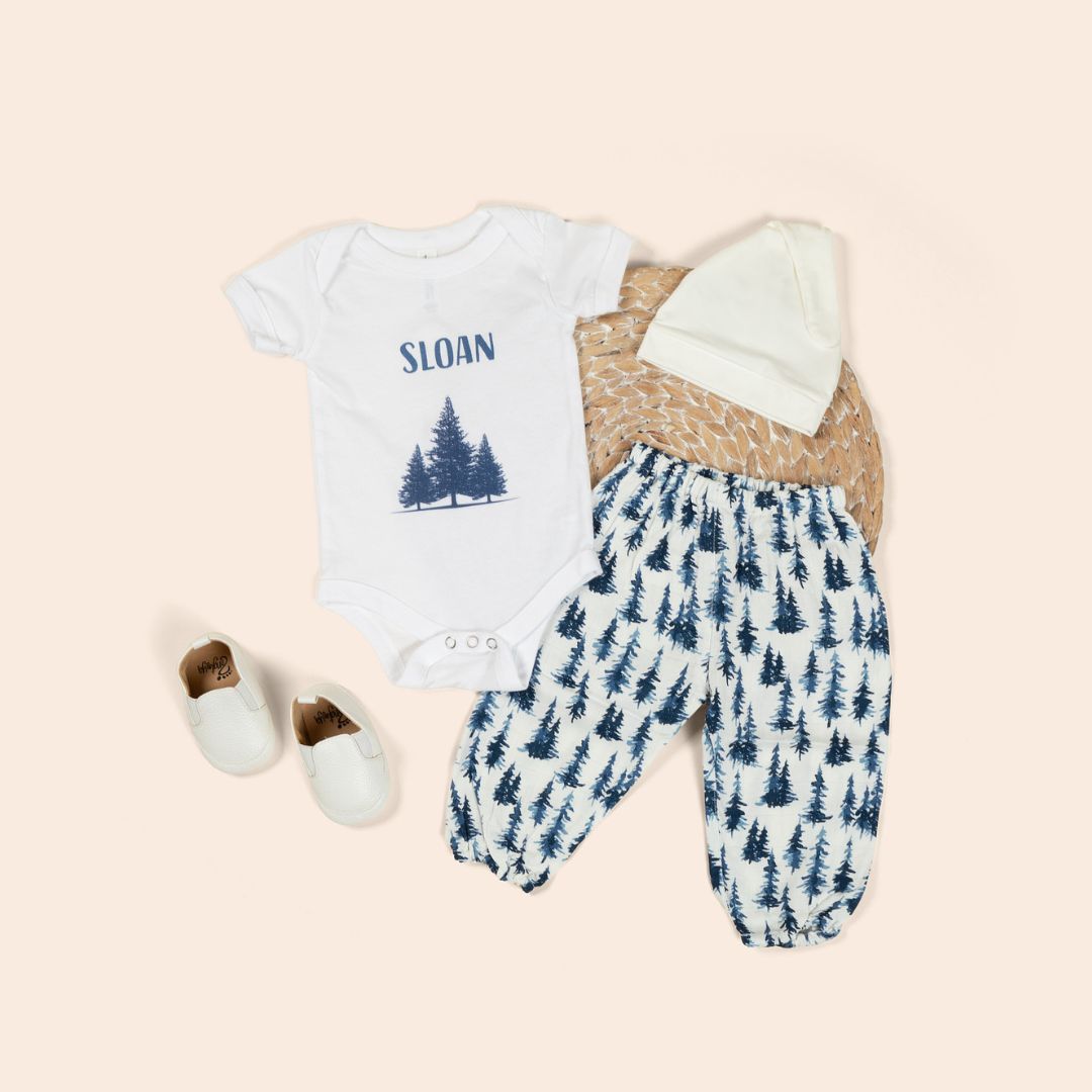 personalized baby onesie with blue forest and matching pants