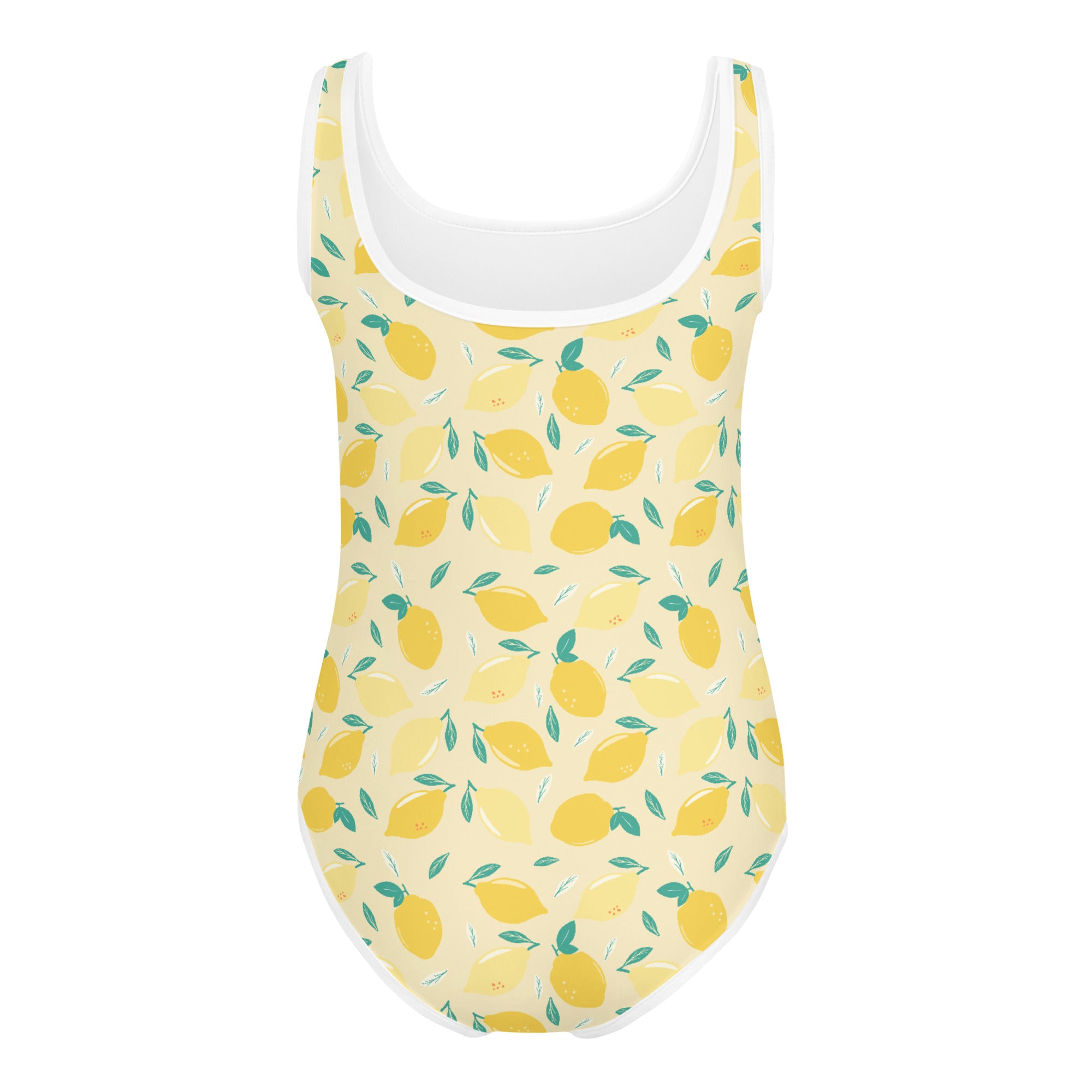 back side of the girls swimsuit with fun lemon design