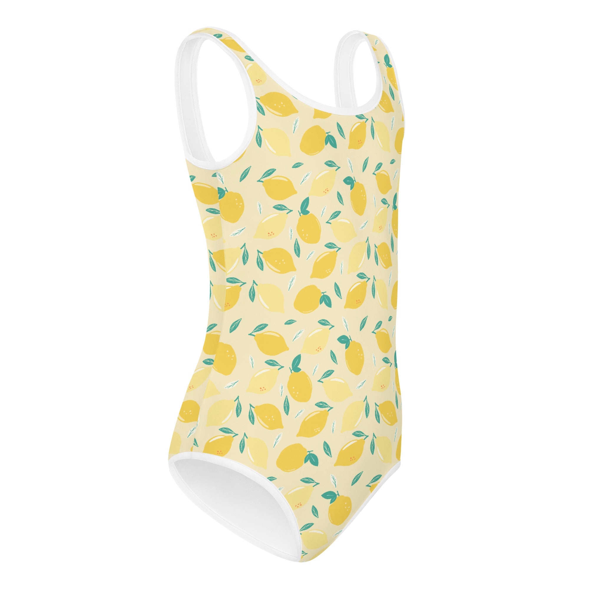 side view of the girl's swimsuit with summer lemon design