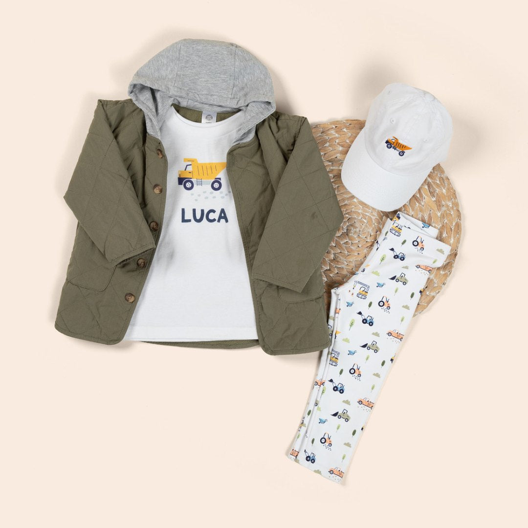 matching set with construction pattern for toddlers with personalized shirt 