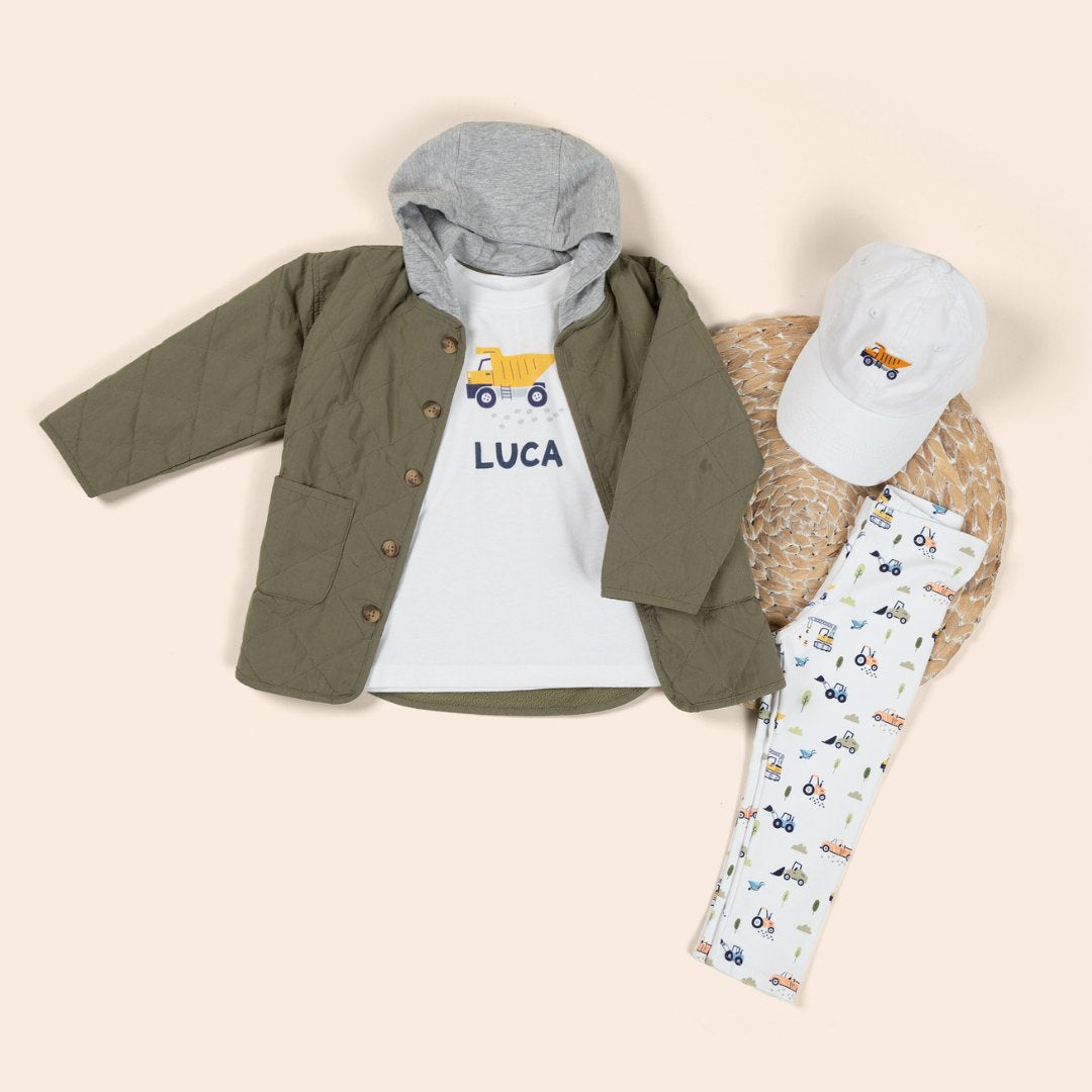 layflat photo of a matching set for toddlers with construction pattern