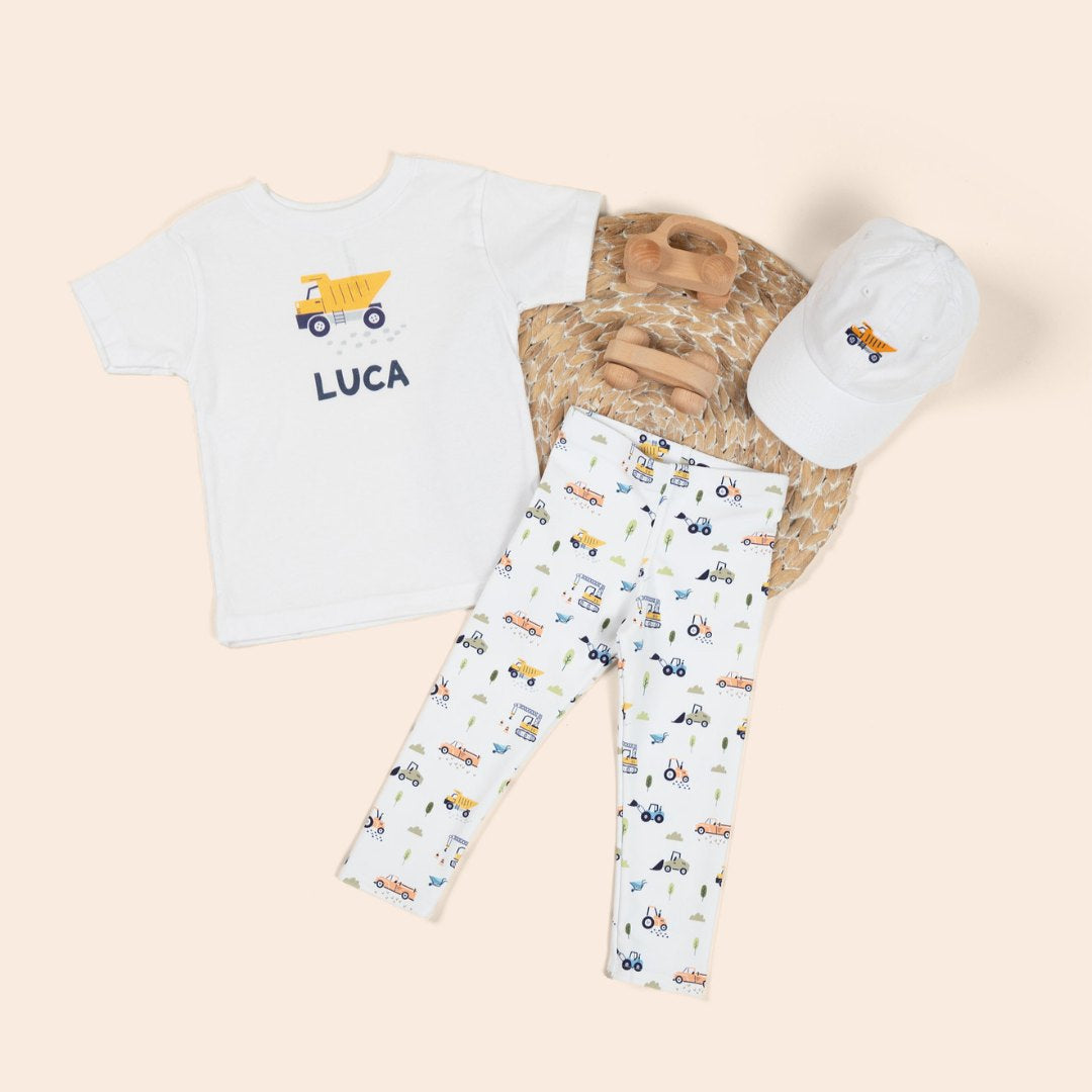 personalized toddler shirt and matching leggings with trucks