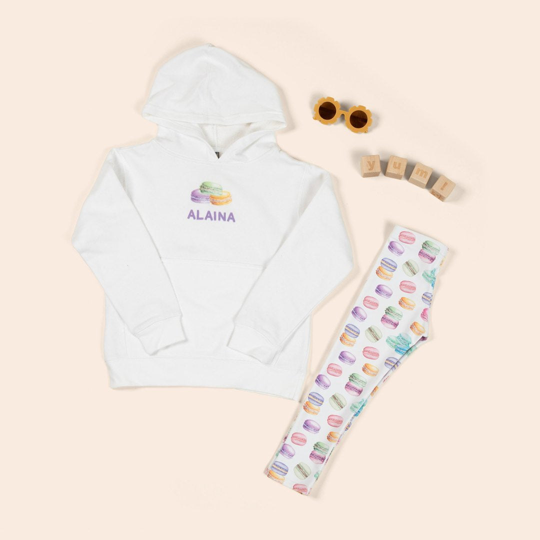 personalized kids hoodie with macaron design and matching leggings