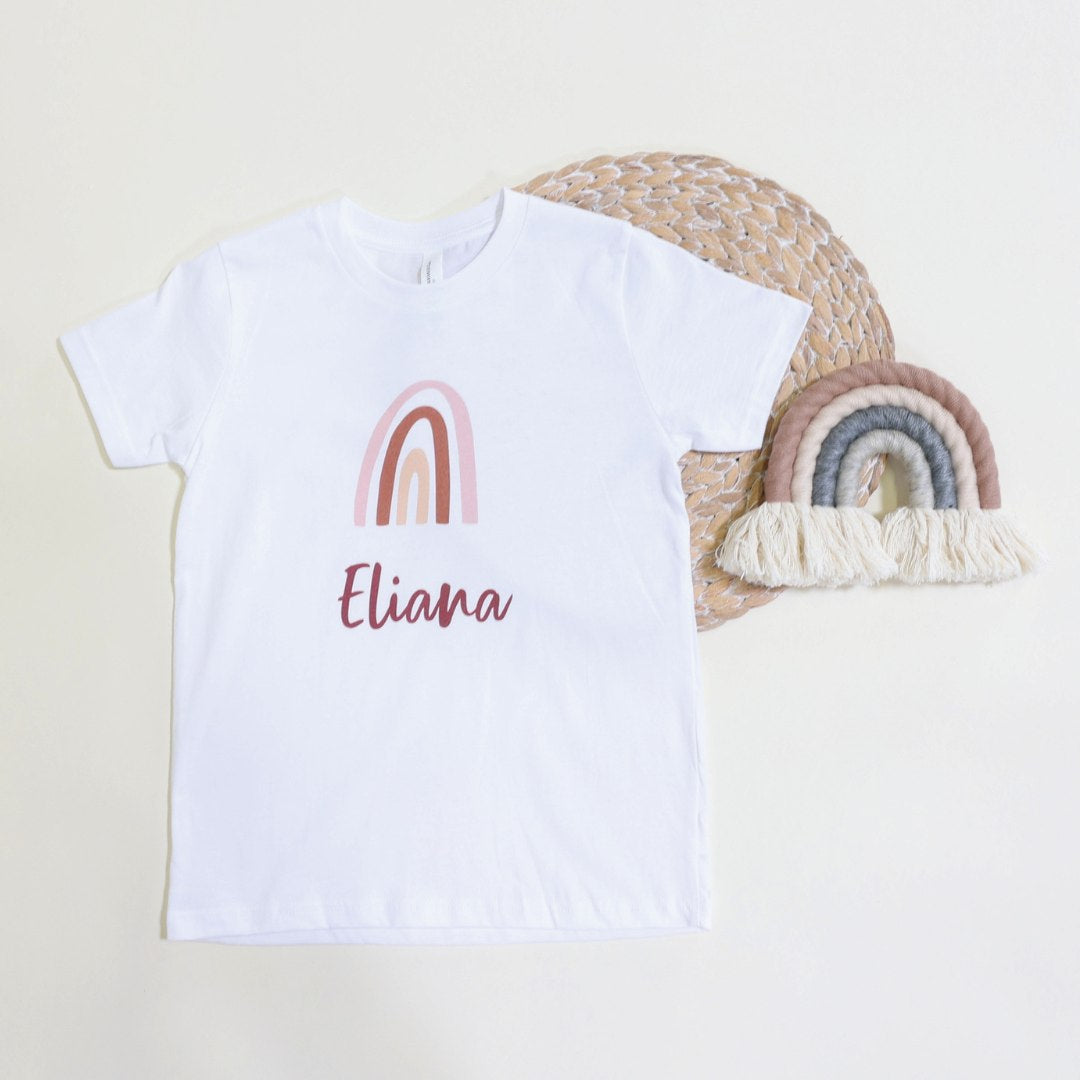 Kids white tee with a rainbow, personalized