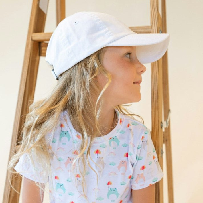 kids white hat with a rainbow part of puddle pals collection