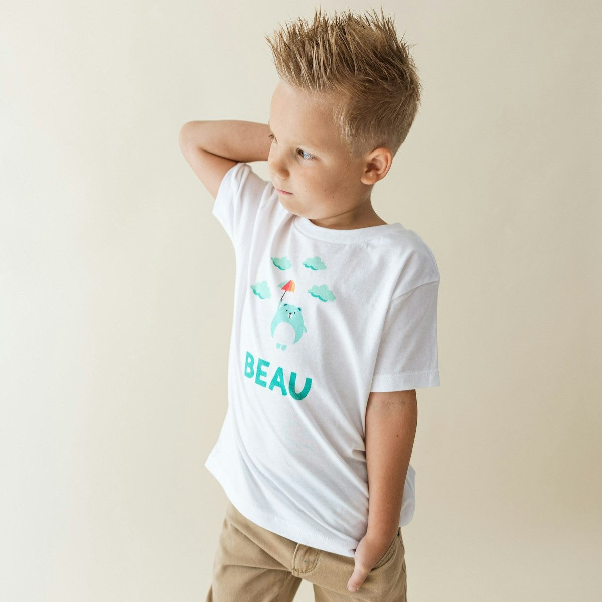 boy wearing a personalized kids puddle pals shirt
