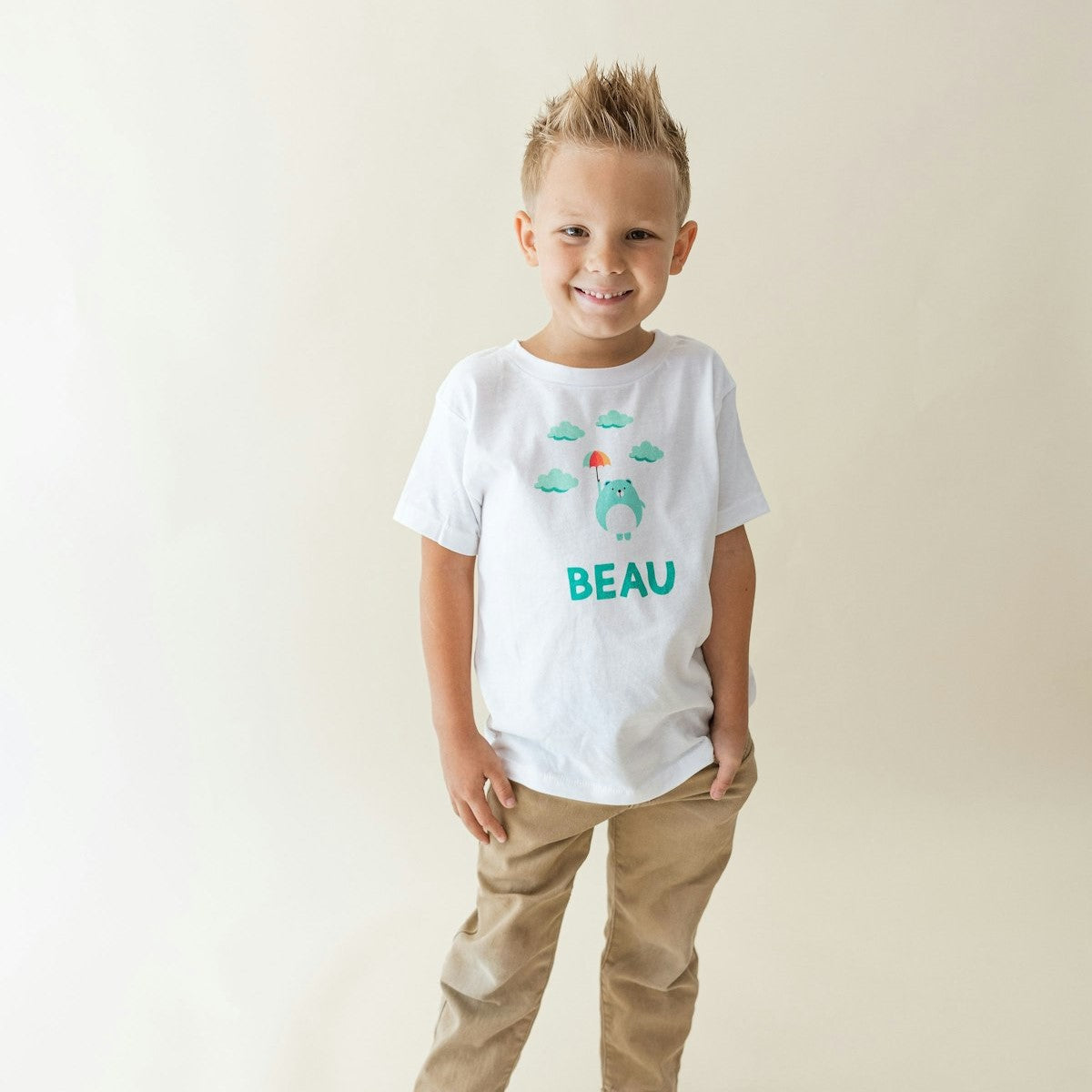 Personalized boy's shirt with cute bear and clouds design