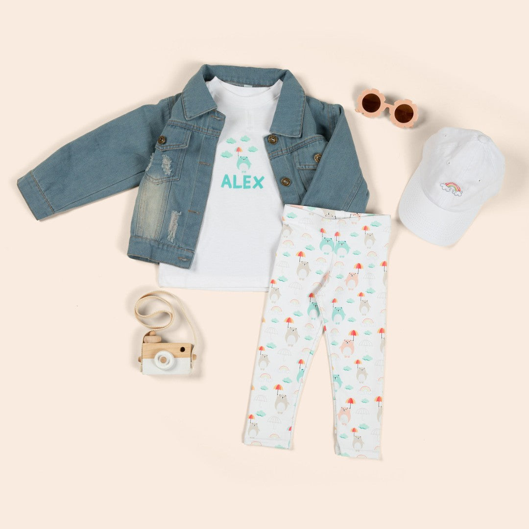 personalized toddler shirt and leggings with bears and umbrellas