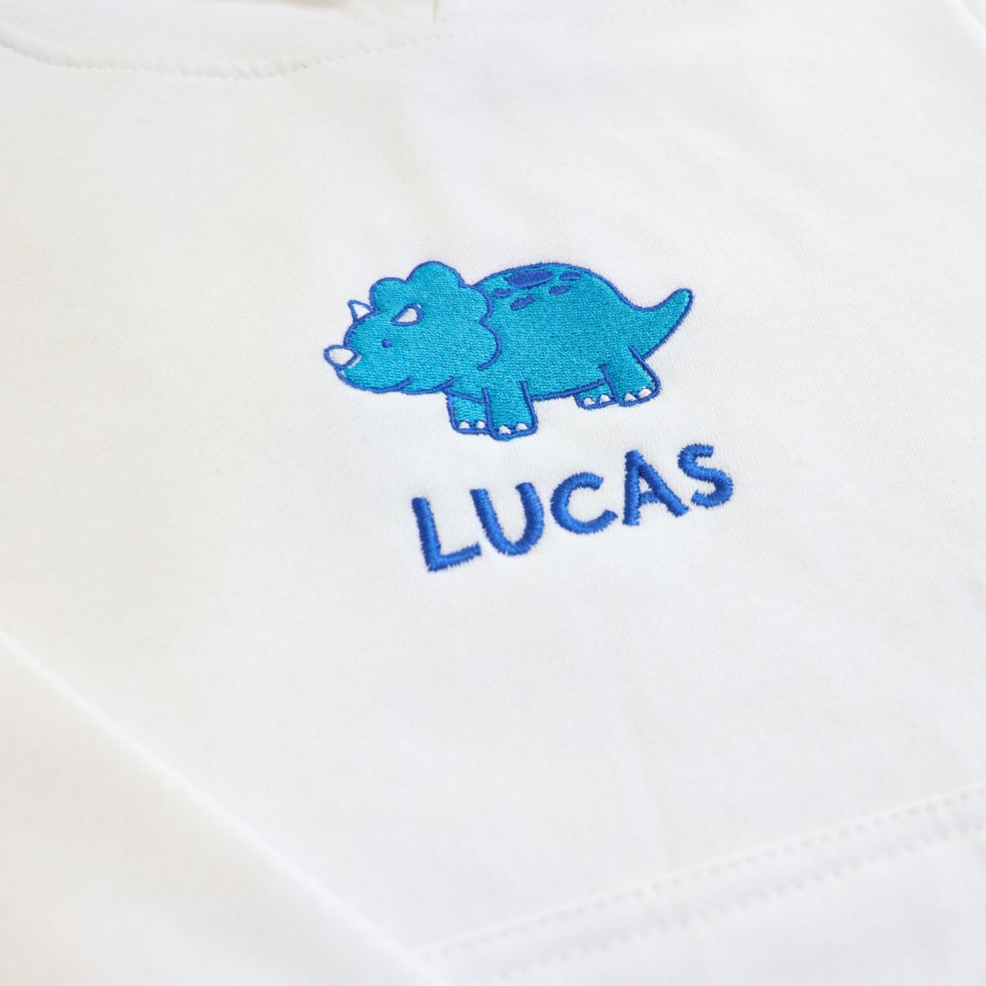 Detail of the dino embroidery on a hoodie