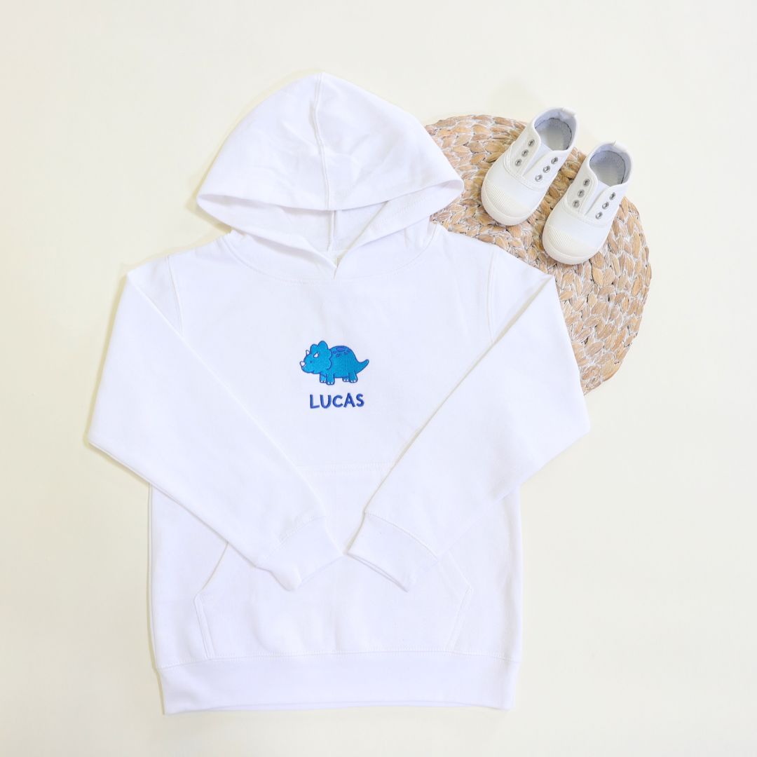 kids personalized hoodie with an embroidered dinosaur design