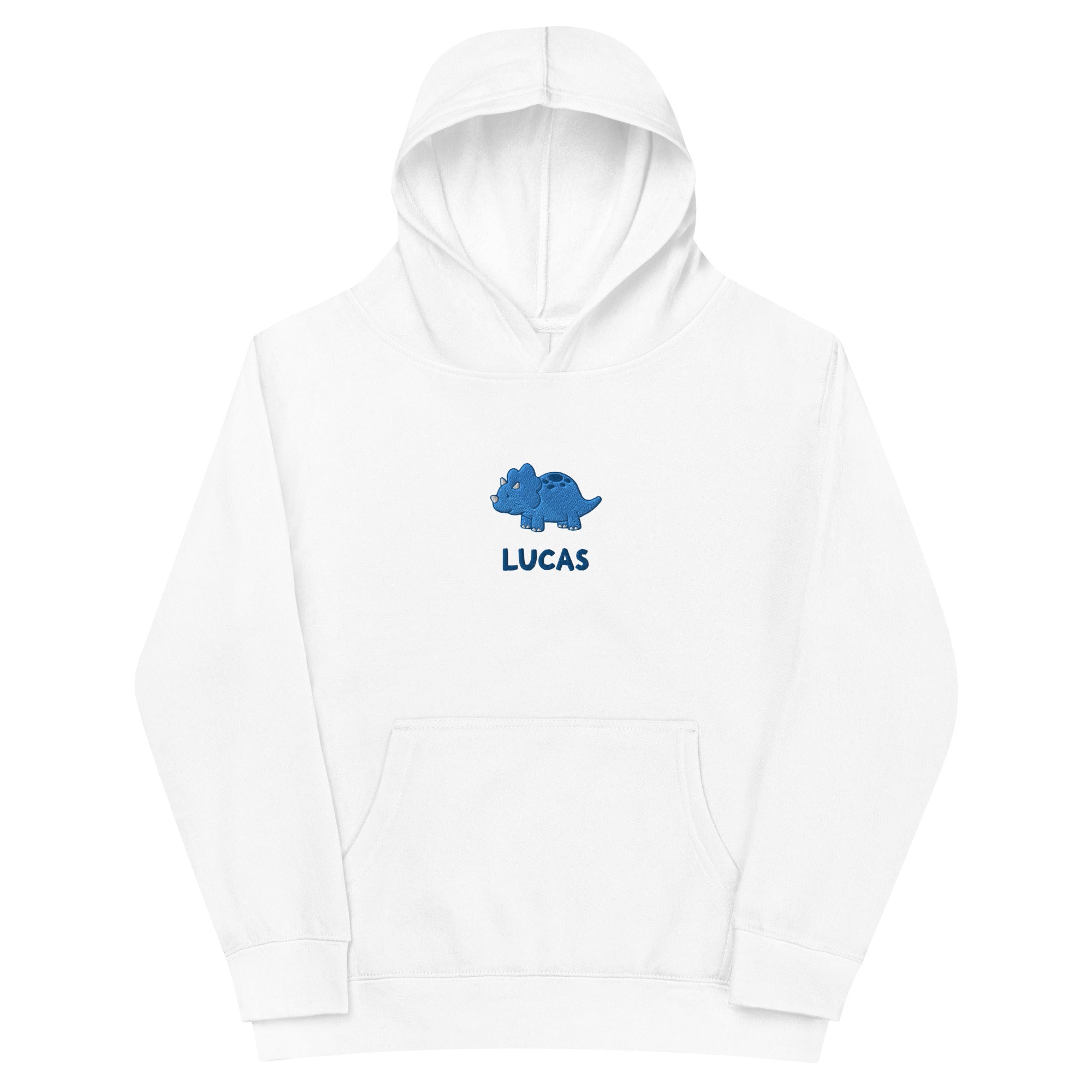 Personalized kids white hoodie with an embroidered dino design