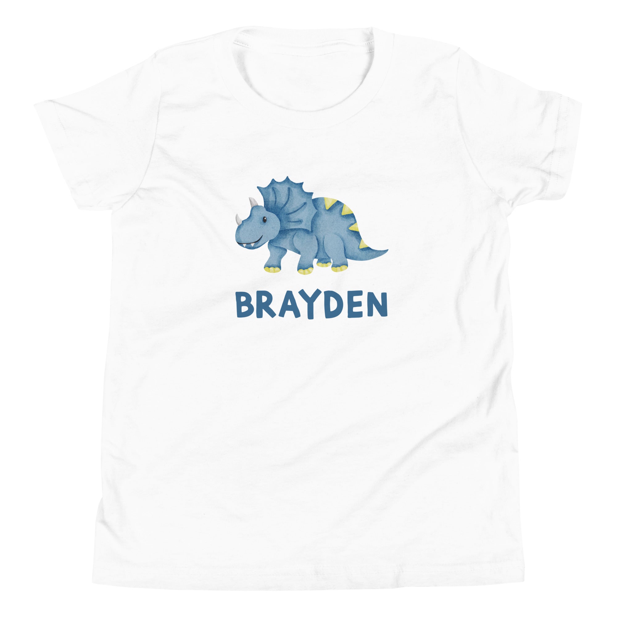 Kids personalize white tshirt with blue dinosaur