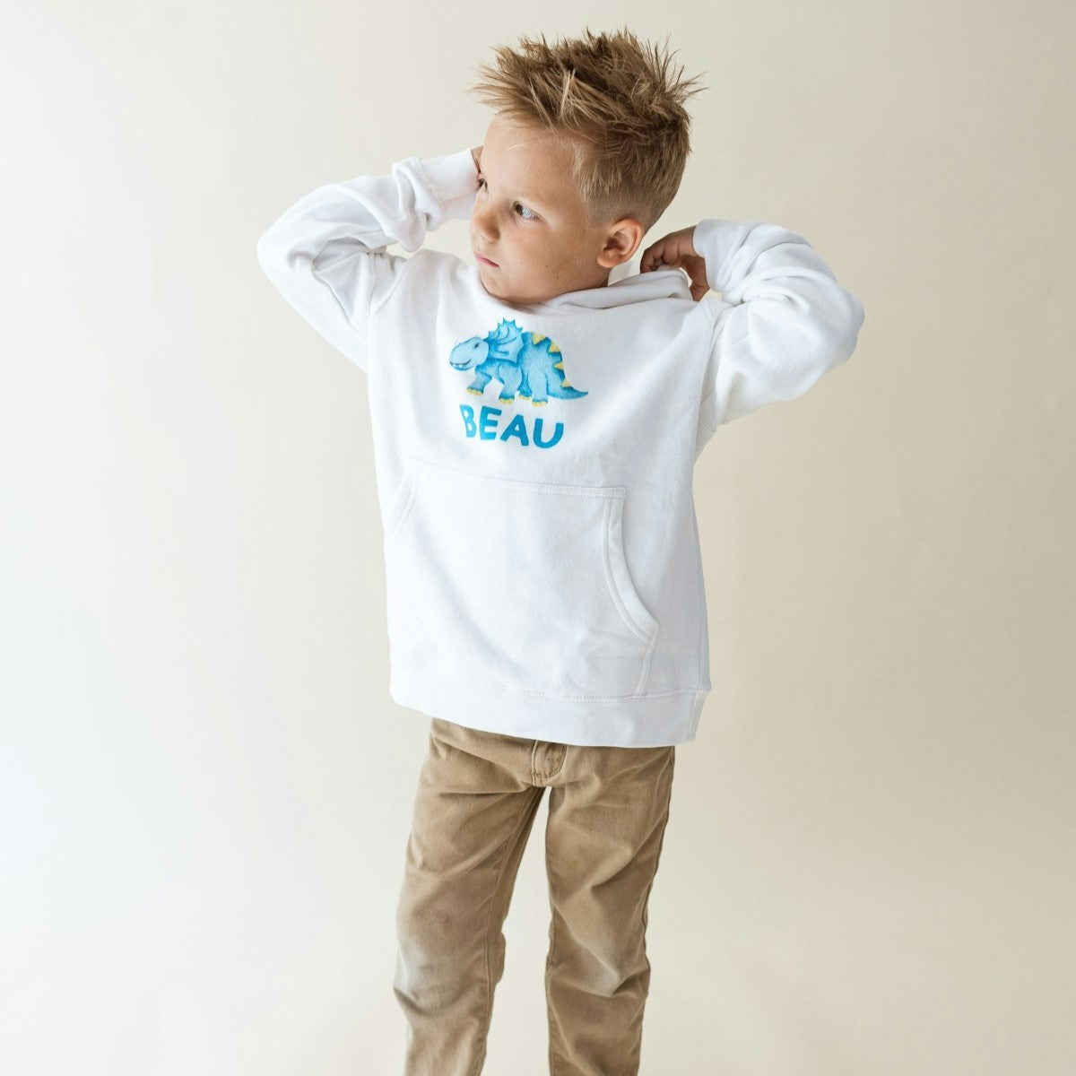 kids hoodie with personalized name and a dino