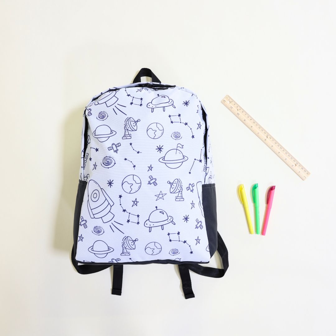 back to school backpack with space and rocket ships