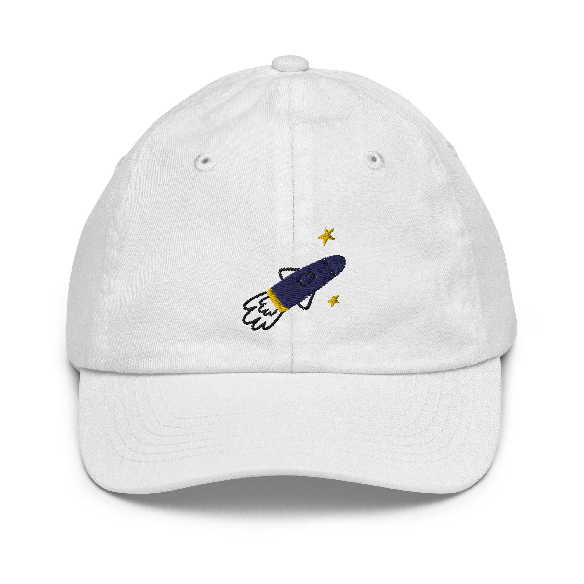 White kids cap with a rocket ship design