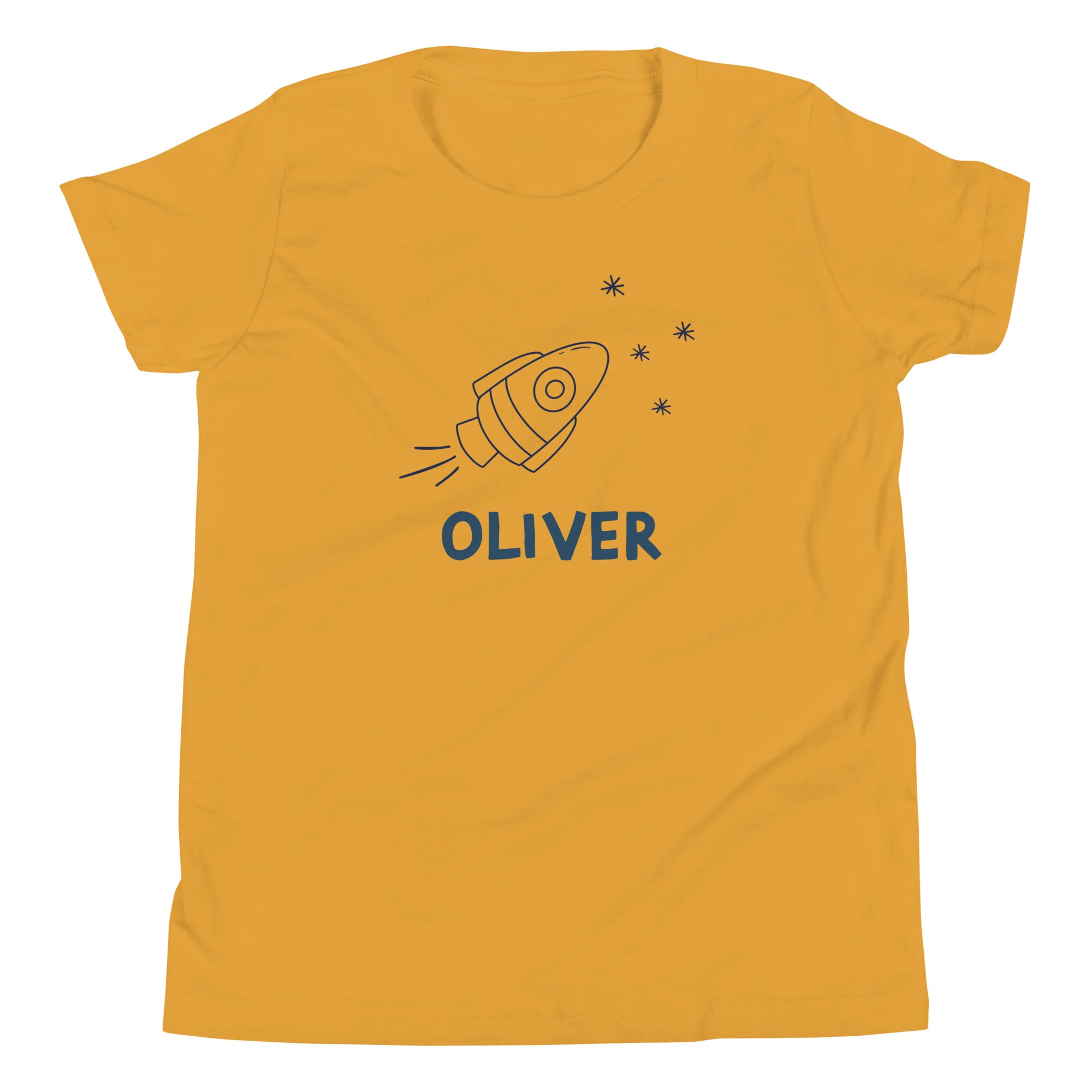 mustard yellow kids personalized shirt with a rocket ship design