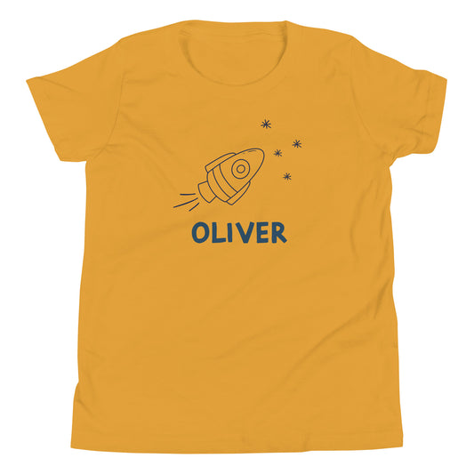 mustard yellow kids personalized shirt with a rocket ship design