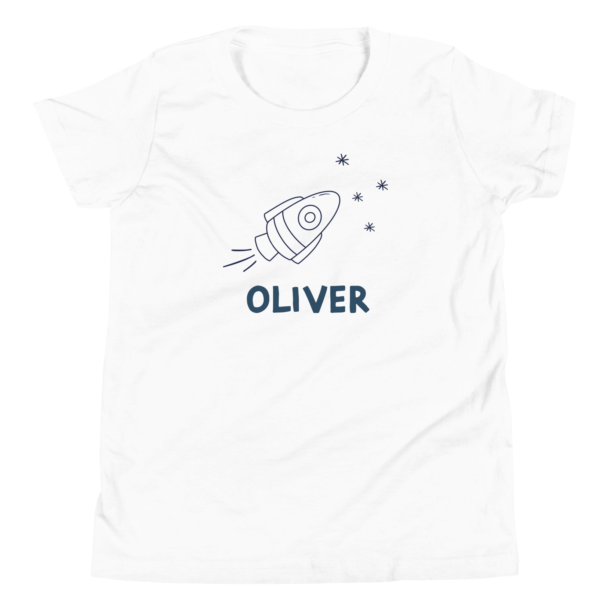 personalized kids tee with a rocket ship