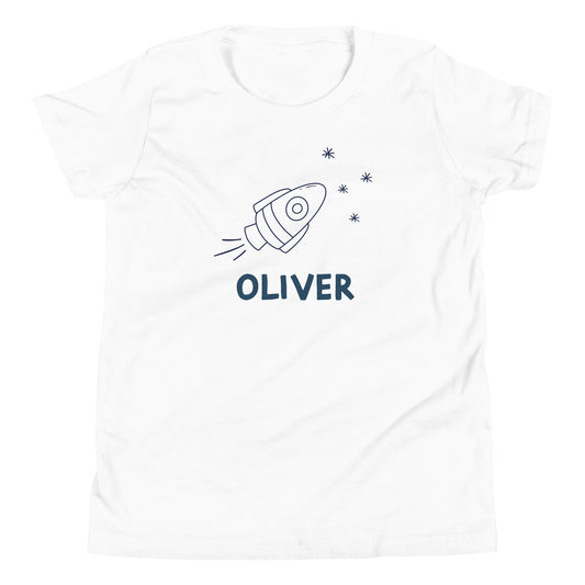 personalized kids tee with a rocket ship
