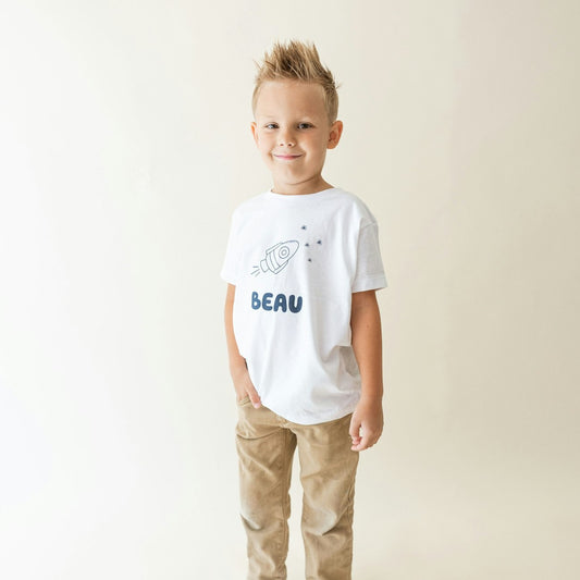kids shirt with a rocket ship