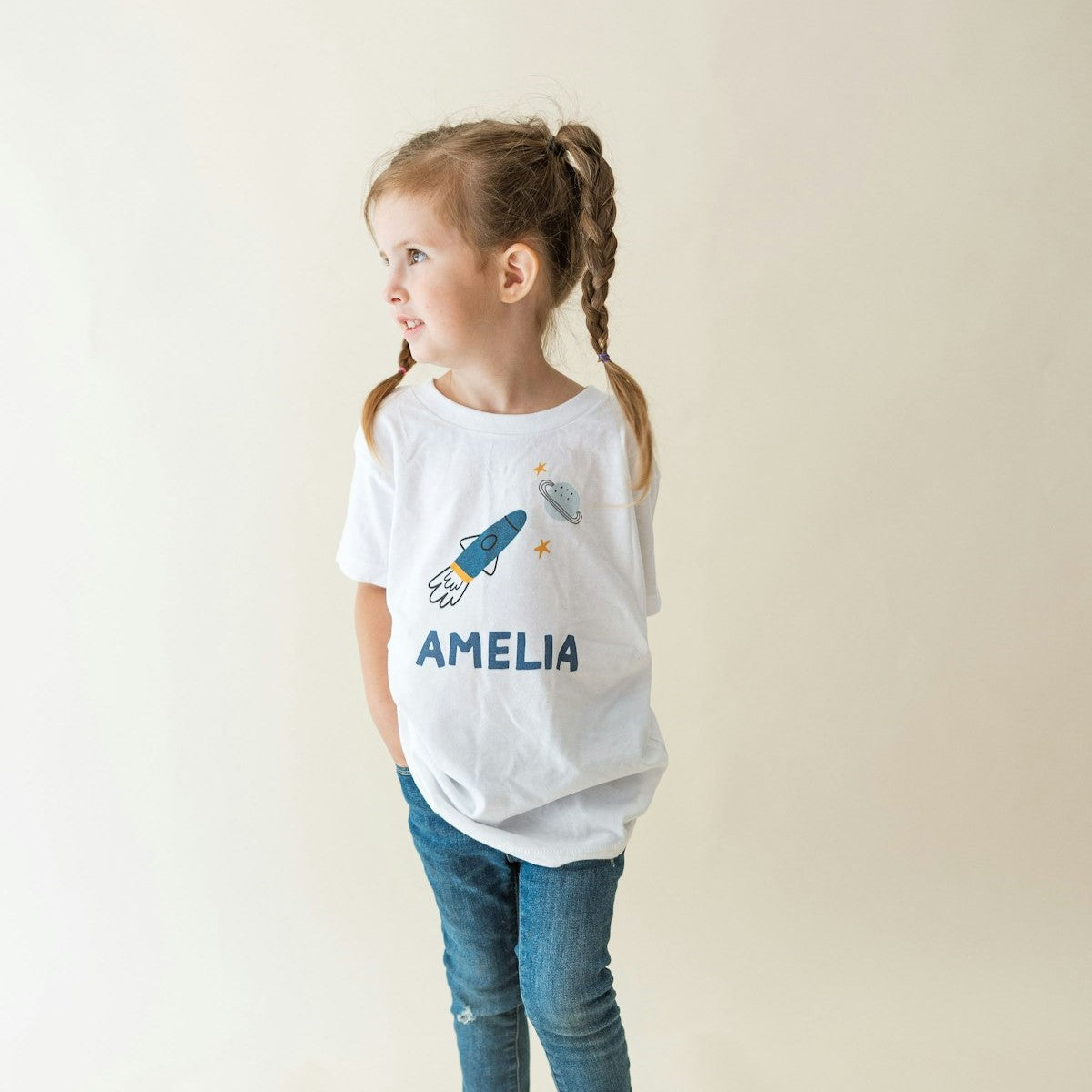 personalized rocket ship kids shirt for girls and boys