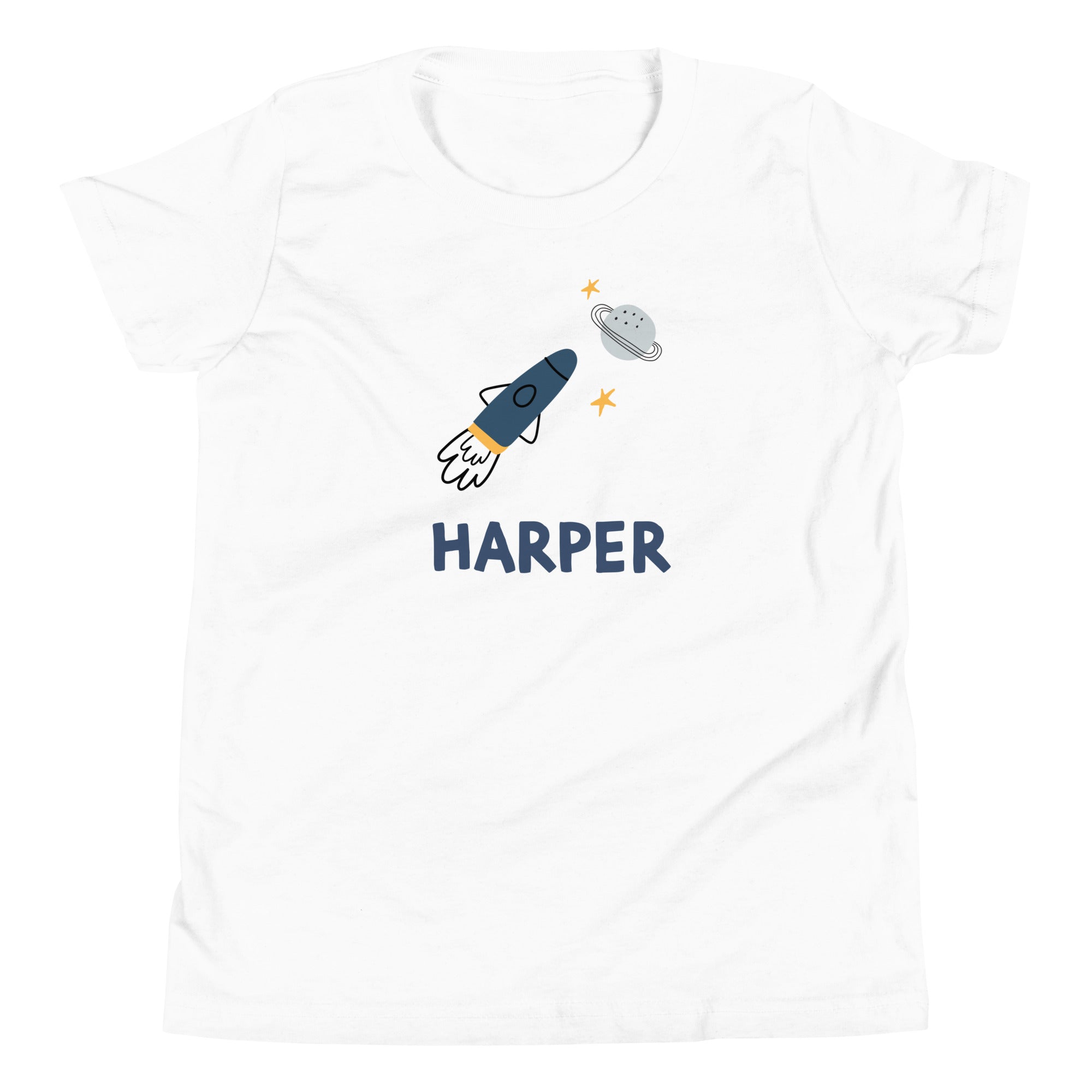 Personalized kids' tee with a rocket ship design