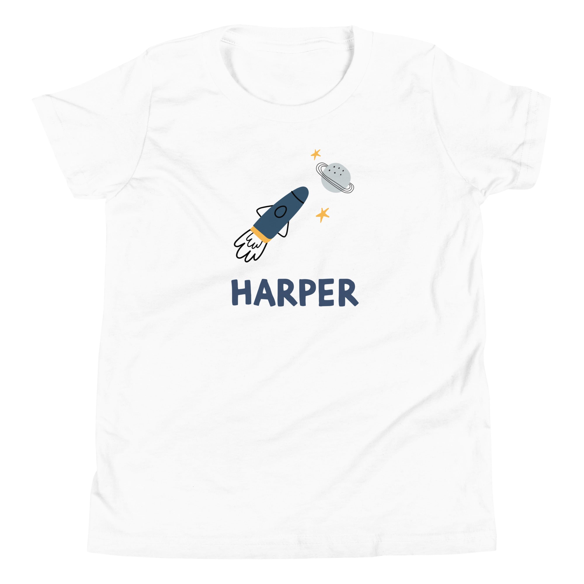 Personalized kids' tee with a rocket ship design