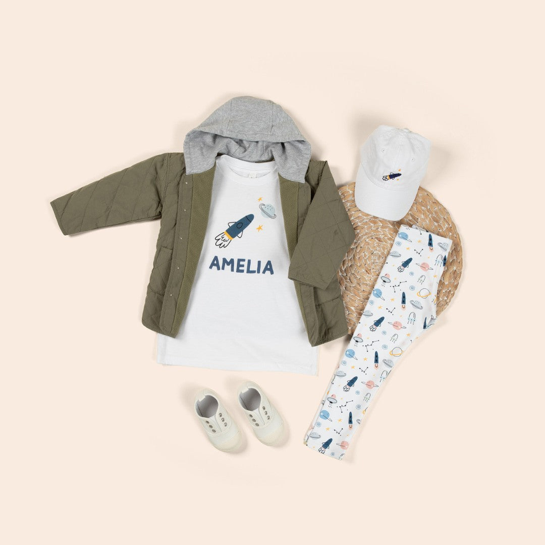 Toddler personalized shirt with space design with matching leggings