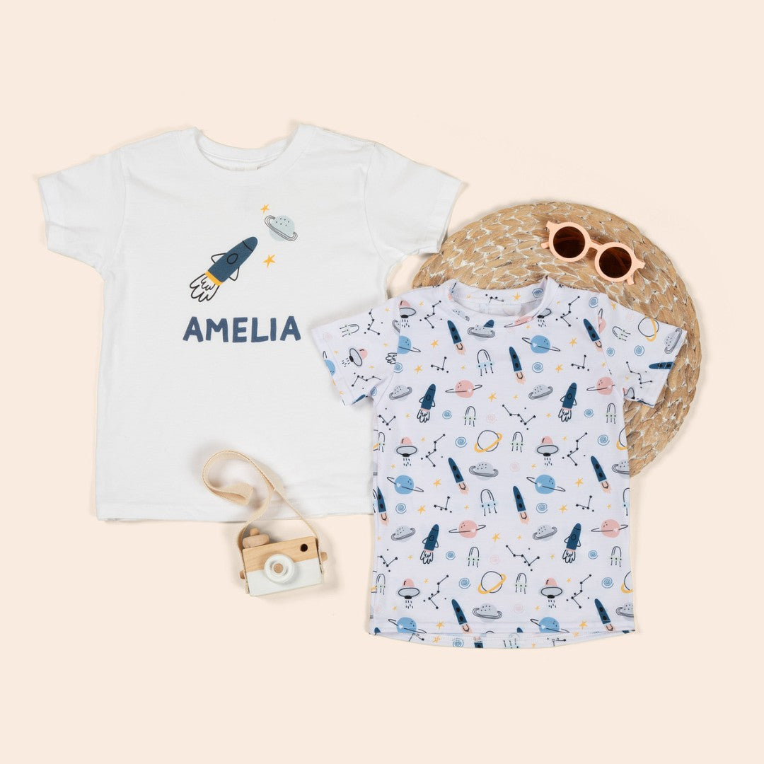 Two kids shirts with colorful space design