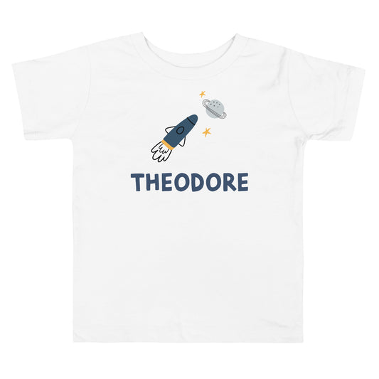 Personalized kids shirt with a rocket ship