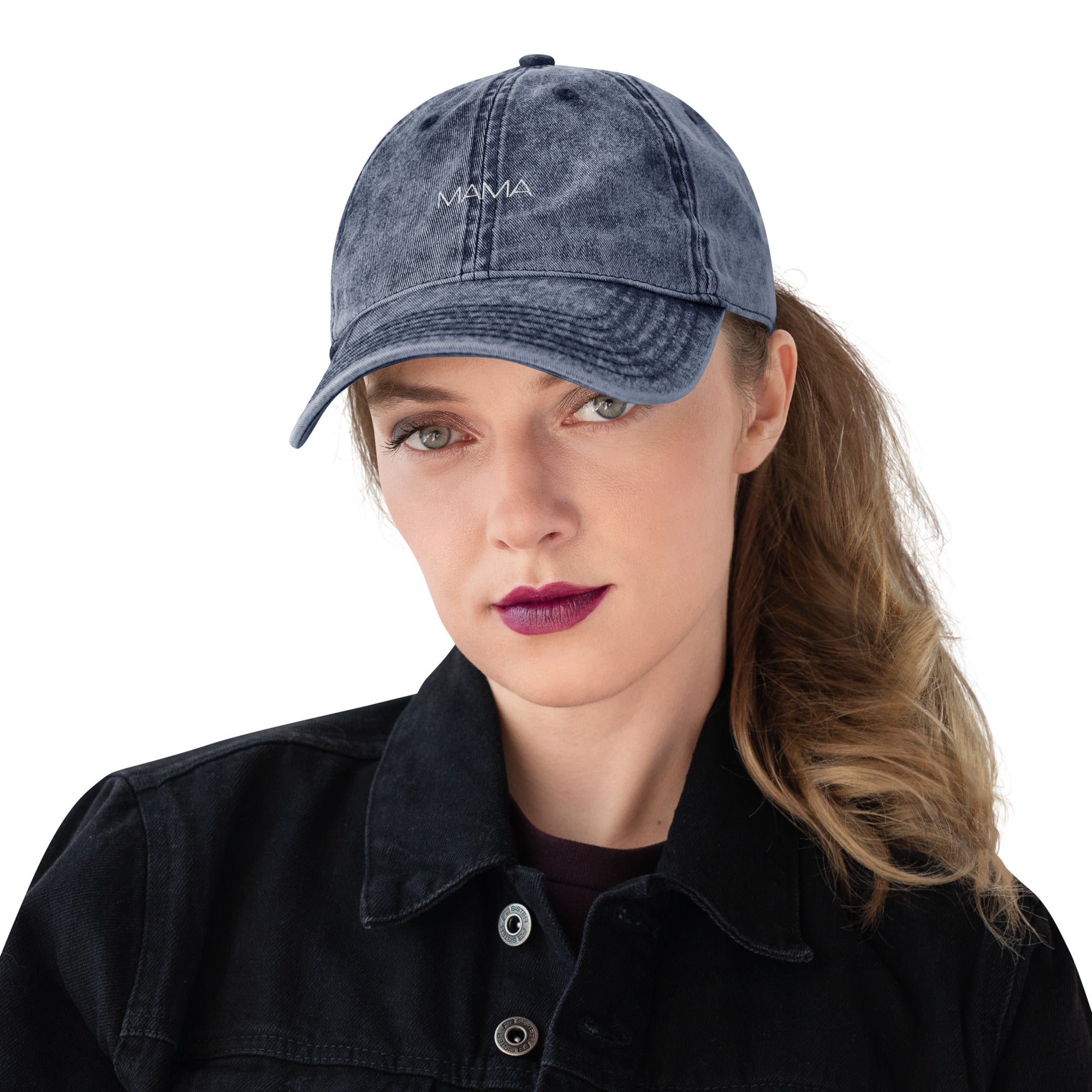 Mother wearing a mama hat in vintage style