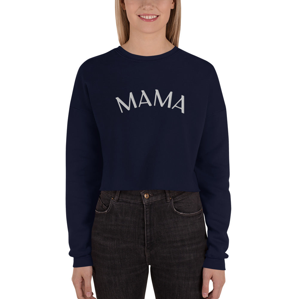 Mom wearing a cropped navy blue sweatshirt