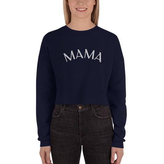 Mom wearing a cropped navy blue sweatshirt