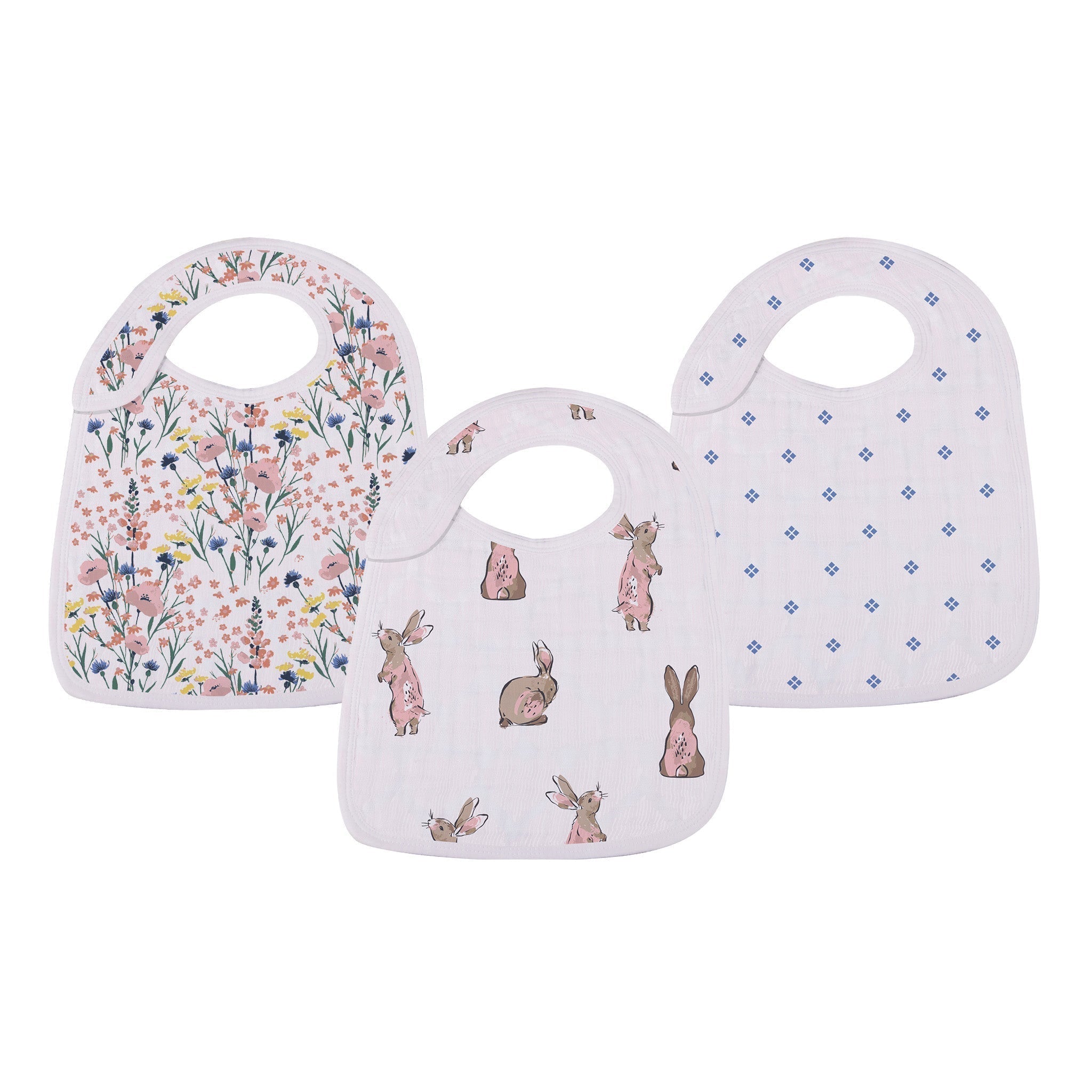 Set of three snap bibs with wildflowers and bunnies