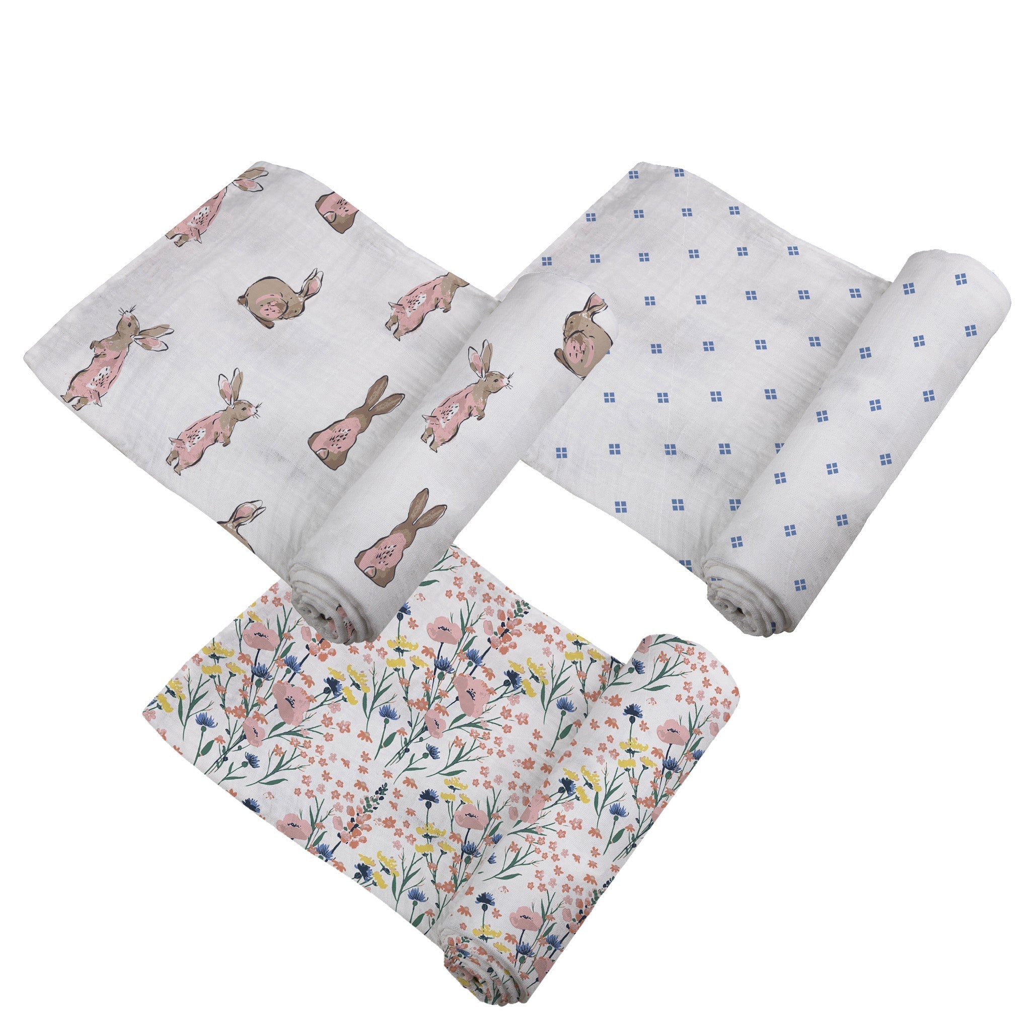 Set of three baby swaddles with bunnies and wildflowers