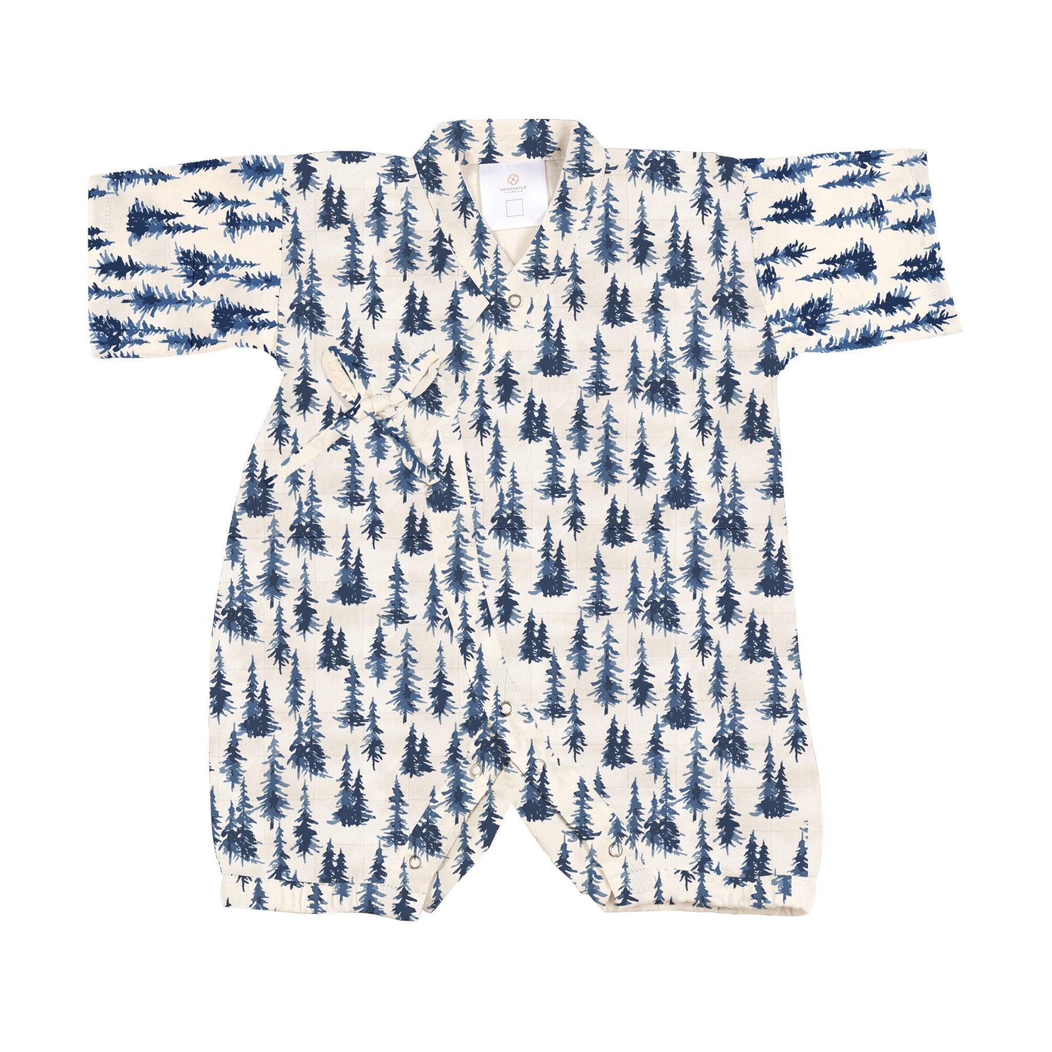 Baby kimono jumpsuit with indigo forest design