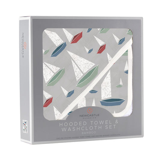 Hooded towel for kids with sail boats